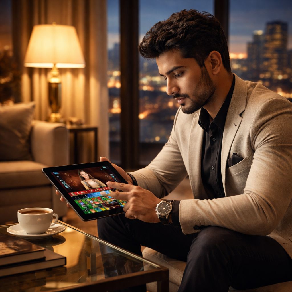 Stylish young professional enjoying live roulette on a tablet with luxurious ambient lighting representing the premium Play777BD experience