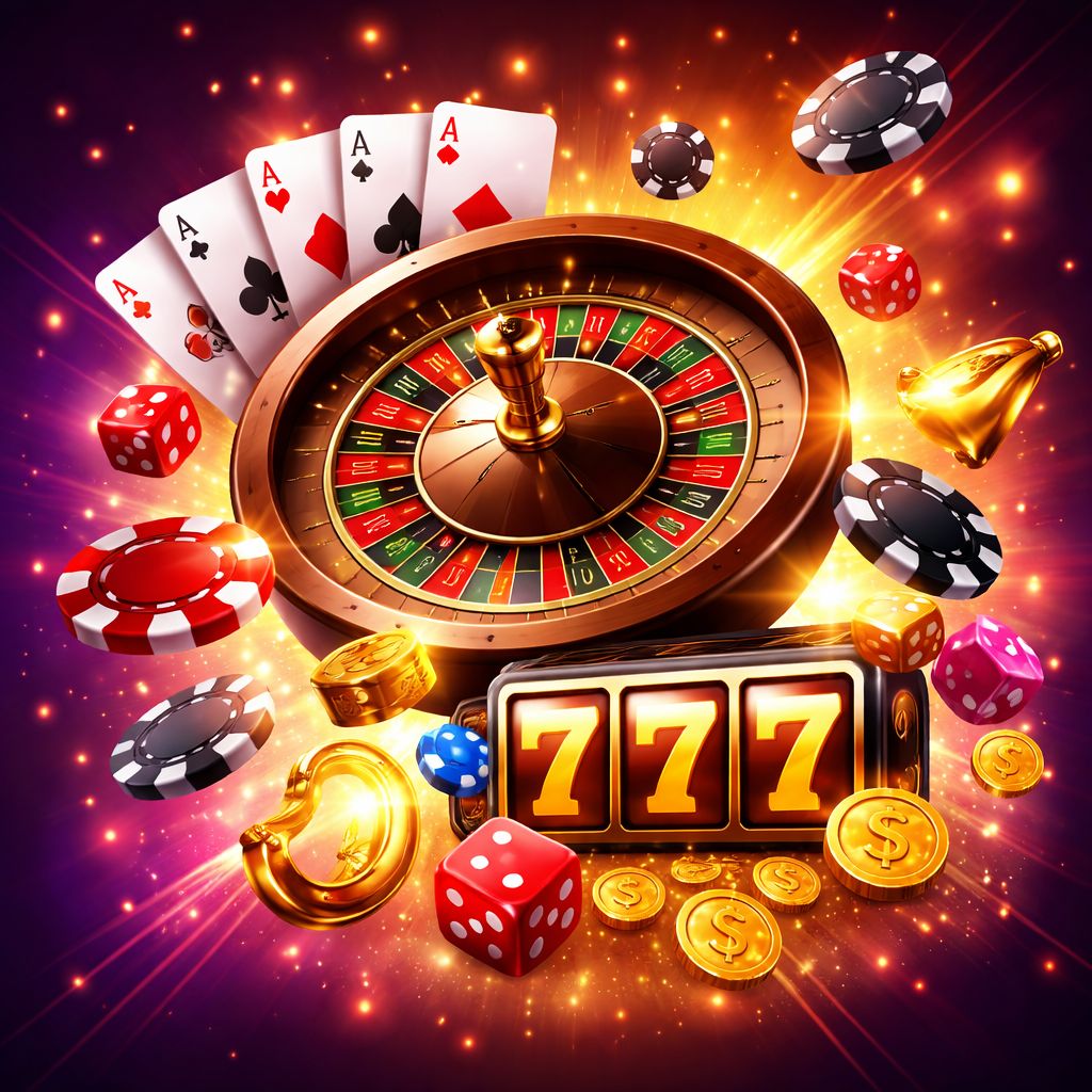 Dynamic casino gaming elements floating in space including roulette wheel poker chips and glowing Play777BD slot symbols against a rich purple backdrop