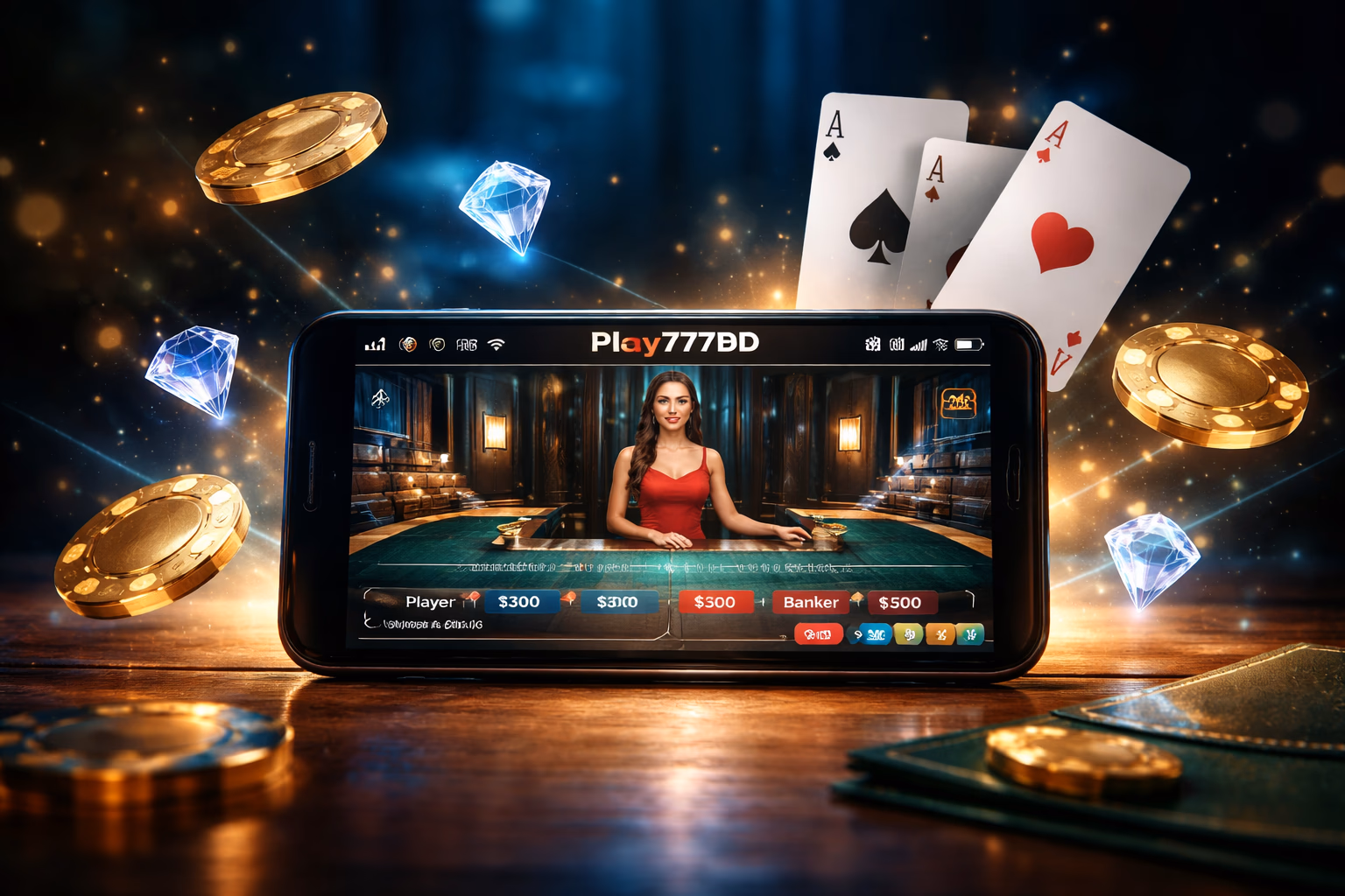Confident Bangladeshi gamer exploring the Play777BD app interface showing live dealer games and colorful slot thumbnails