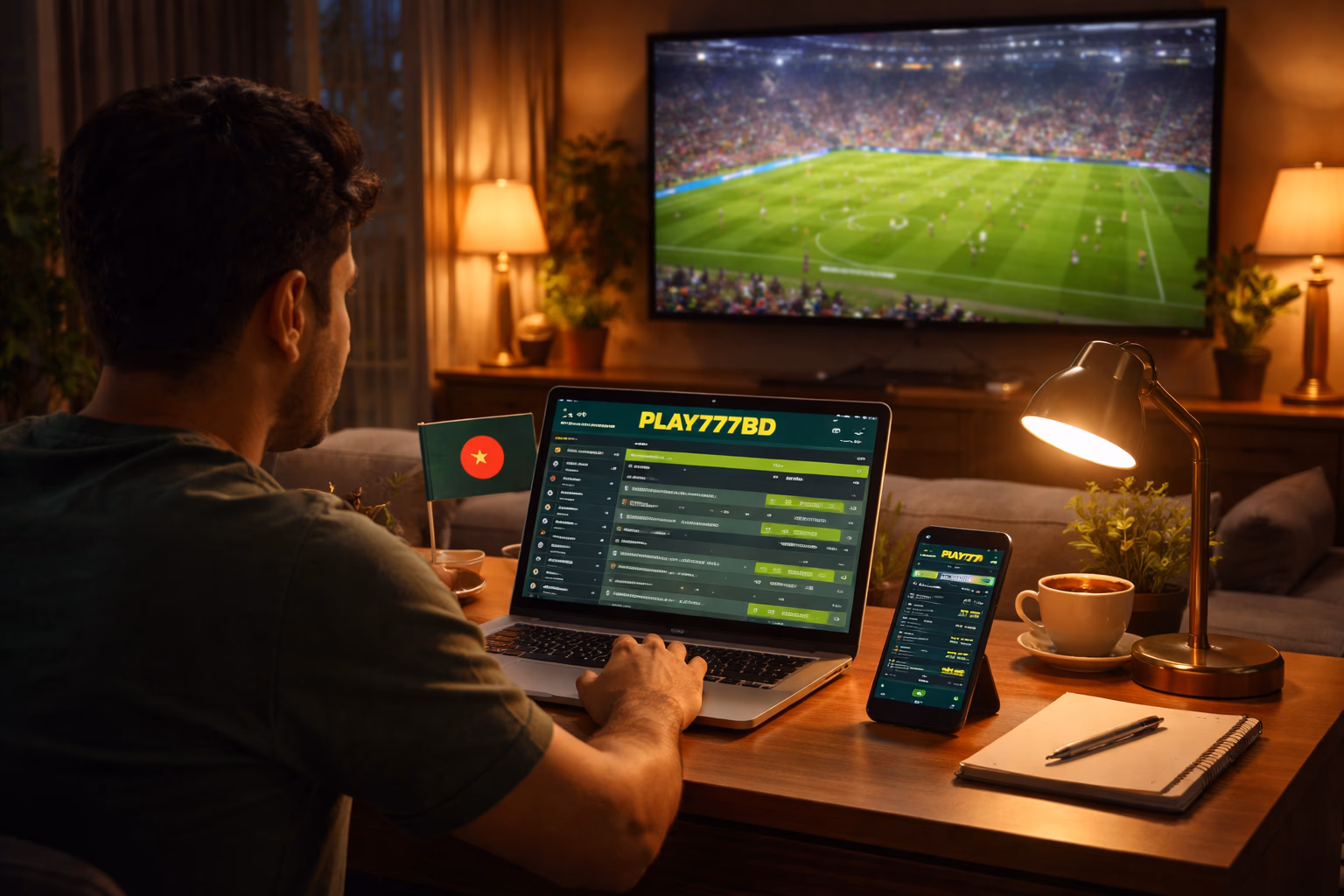 Bangladeshi sports enthusiast analyzing football and cricket betting markets on a laptop through Play777BD while a live broadcast streams in the background