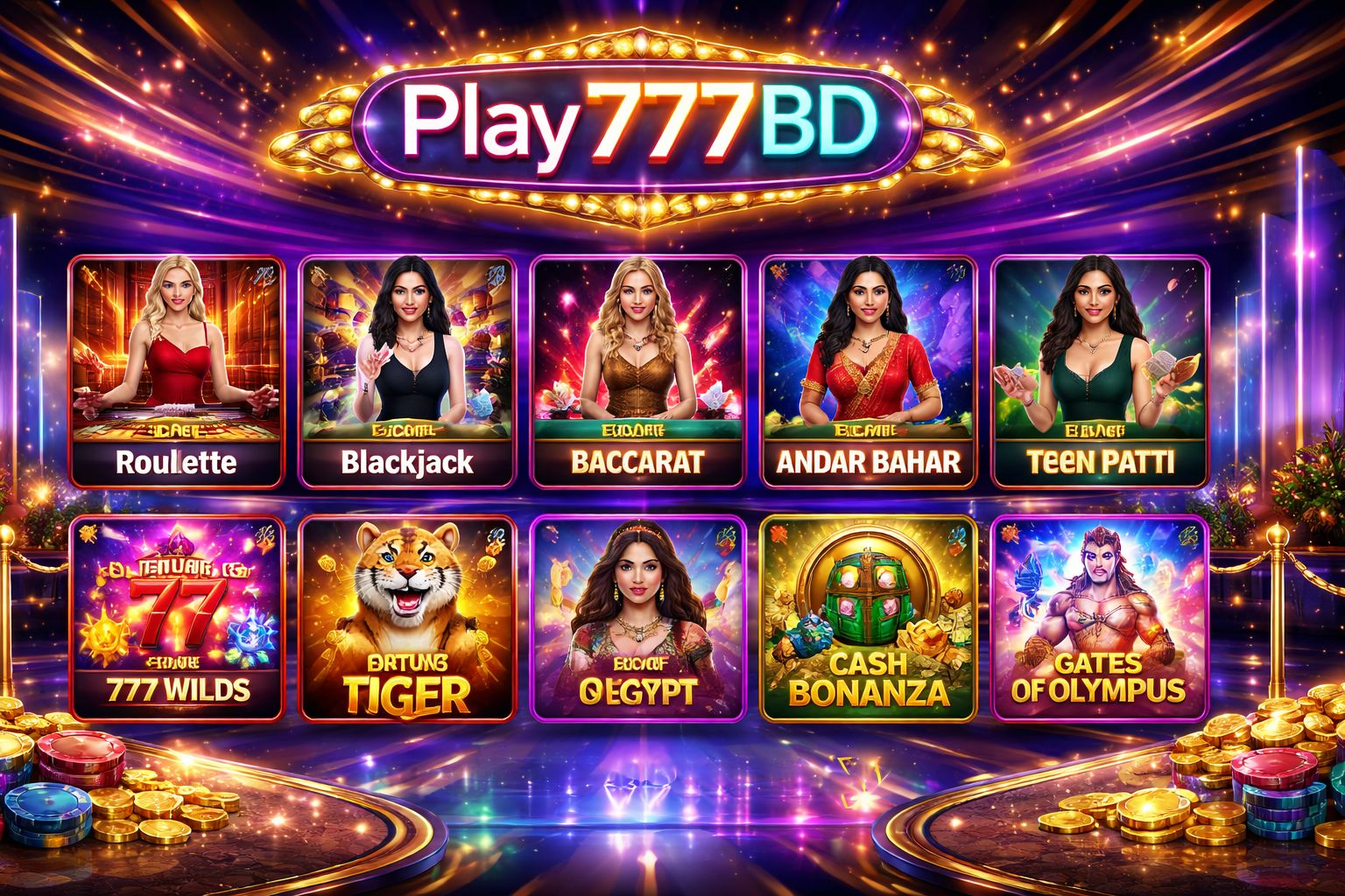 Confident casino dealer standing beside an illuminated roulette wheel with floating golden chips symbolizing the premium live gaming atmosphere at Play777BD in Bangladesh