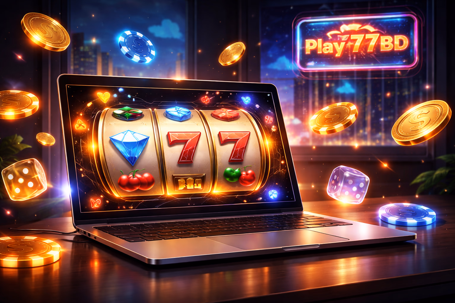 Sleek desktop monitor displaying the Play777BD Aviator crash game with animated betting chips and glowing jackpot indicators creating an immersive digital casino atmosphere