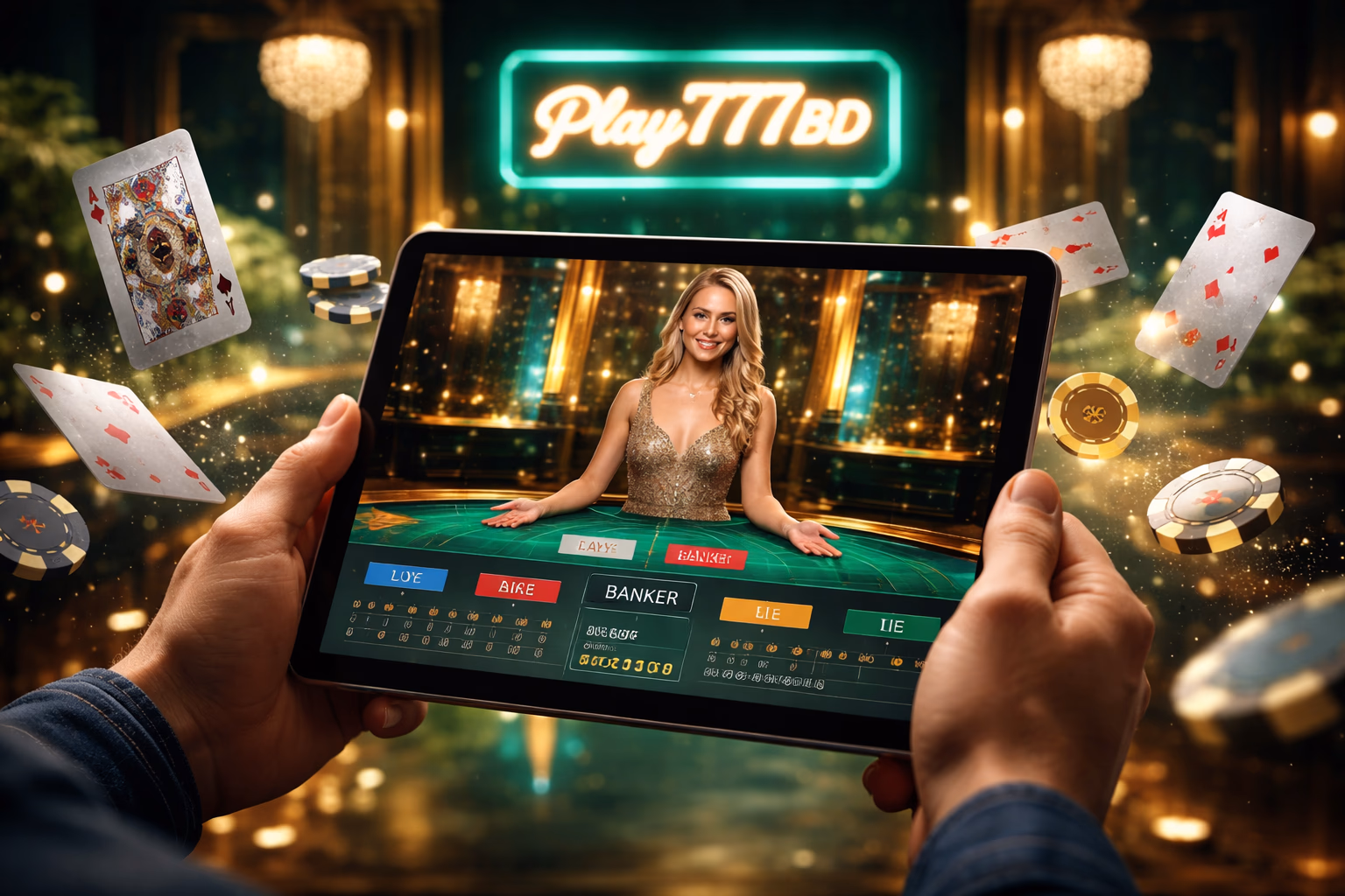 Focused Bangladesh player engaged in immersive online casino gaming on a laptop surrounded by neon ambient lighting showcasing the premium Play777BD experience