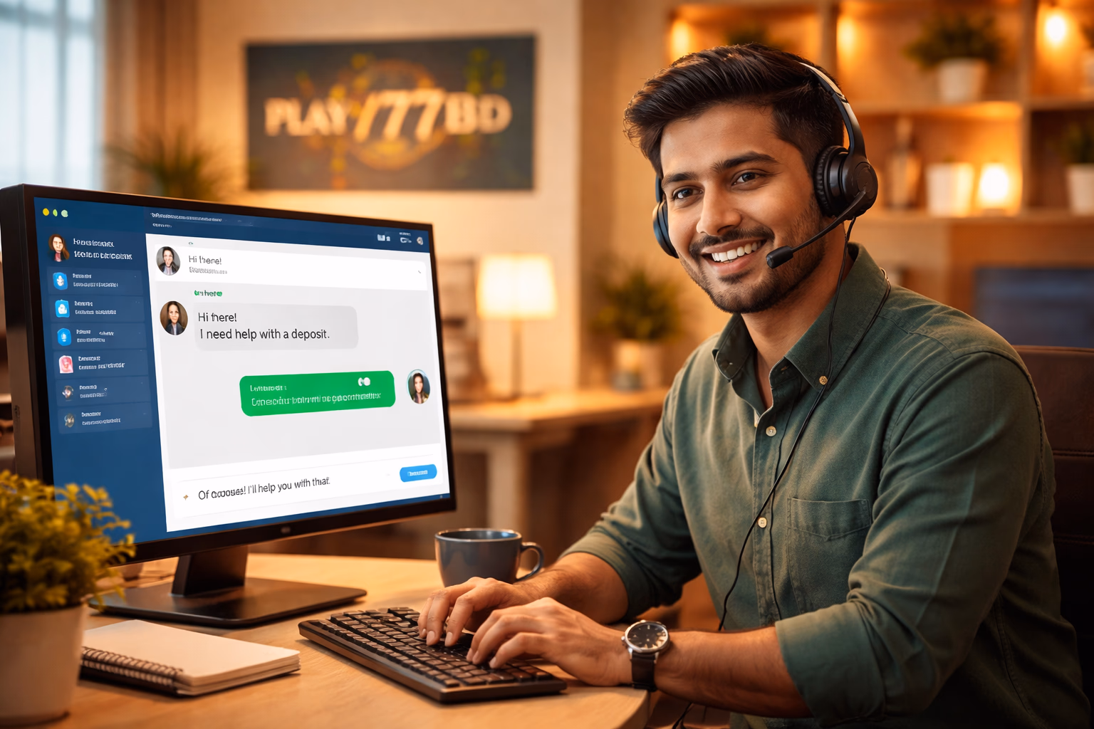 Friendly Bangladeshi support specialist helping a player resolve Play777BD login issues with warm lighting and digital interface elements