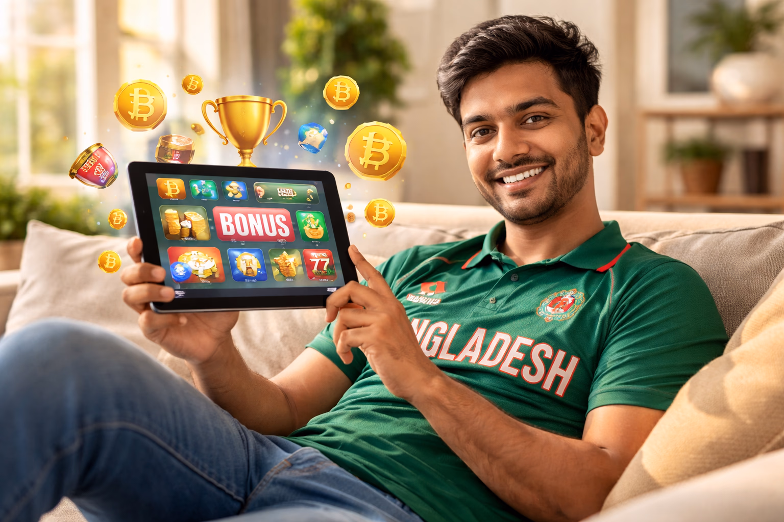 Excited Bangladeshi gamer exploring the feature-rich Play777BD account dashboard with colorful bonus icons and wallet balance displayed prominently